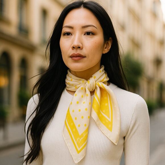 Vtg. David Hayes Scarf Wrap Silky Yellow White Polka Dot Oversized 35in Signed